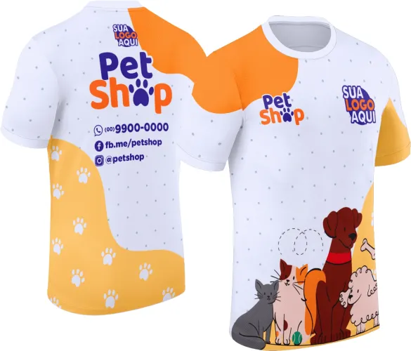 Camisa com logo no peito vibrante e estampa grande nas costas que destaca motivos relacionados a pet shop, com design moderno, cores vivas e acabamento perfeito.