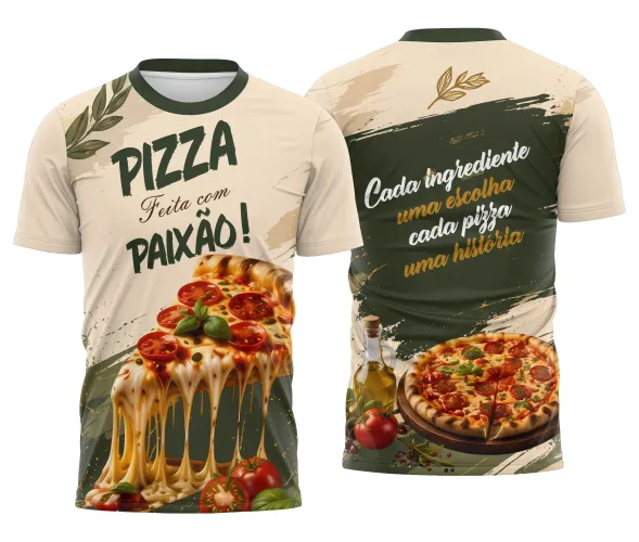 Camisa bege e verde rústica com logo no peito e estampa grande nas costas, destacando o charme artesanal inspirado no universo do pizzaiolo