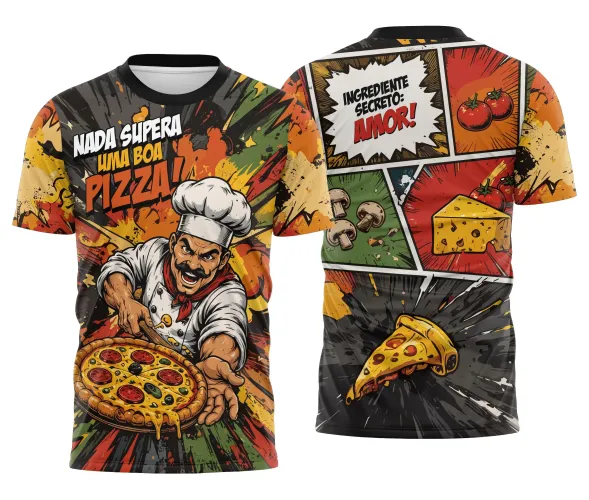 Camisa personalizada com logo no peito e estampa grande nas costas exibindo quadrinhos divertidos sobre o sabor da pizza, perfeita para apaixonados por culinária e pizzaiolos que valorizam estilo e originalidade.