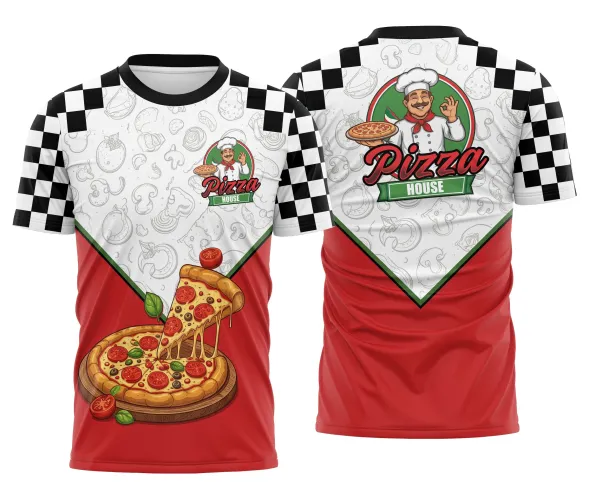 Camisa de pizzaiolo com padrão xadrez vermelho, logo no peito e estampa grande nas costas mostrando design exclusivo e vibrante, ideal para ambientes de pizzaria com toque tradicional e moderno.