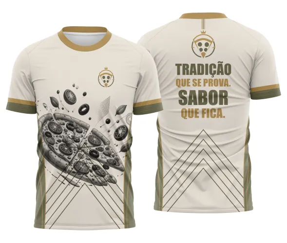Camisa com logo no peito e estampa grande nas costas, predominando as cores branca e dourada, destacando um design elegante e tradicional inspirado em pizzarias clássicas.