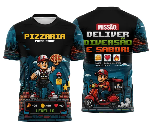 Camisa com logo no peito e grande estampa nas costas que traz arte colorida em estilo pixel retrô inspirado em jogos arcade, remetendo à temática gamer e delivery de pizzaria.