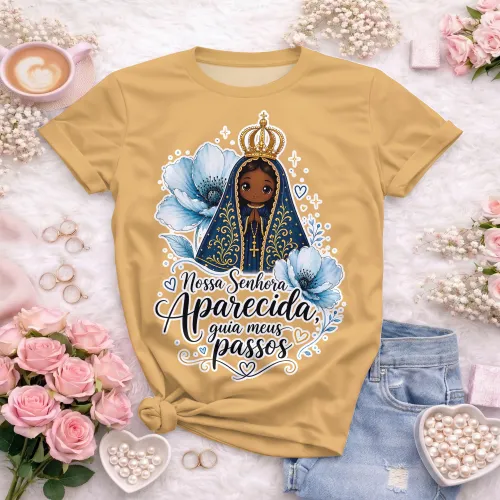 Estampa religiosa com Nossa Senhora Aparecida e lettering decorativo guia meus passos