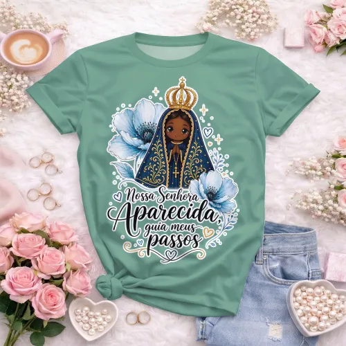 Estampa católica feminina com Nossa Senhora Aparecida e lettering guia meus passos