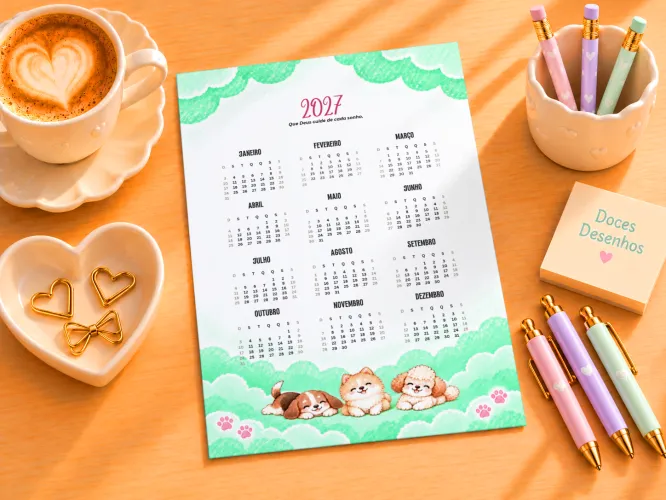 Calendário A5 2027 com cachorrinhos fofos entre nuvens verdes
Calendário A5 2027 com ouriço fofo dormindo entre nuvens lilás
Calendário A5 2027 com elefantinho fofo entre nuvens em tons pastel
Calendário A5 2027 com ouriço fofo dormindo entre nuvens rosas
Calendário A5 2027 com passarinho fofo segurando ramo entre nuvens verdes
Calendário A5 2027 com elefantinho fofo entre nuvens azuis
Calendário A5 2027 com elefantinho fofo entre nuvens lilás
Calendário A5 2027 com ursinho fofo dormindo entre nuvens verdes
Calendário A5 2027 com bichinho marrom fofo segurando coração entre nuvens
Calendário A5 2027 com abelhinha fofa e pote de mel entre nuvens amarelas
Calendário A5 2027 com raposinha fofa entre nuvens em tons suaves