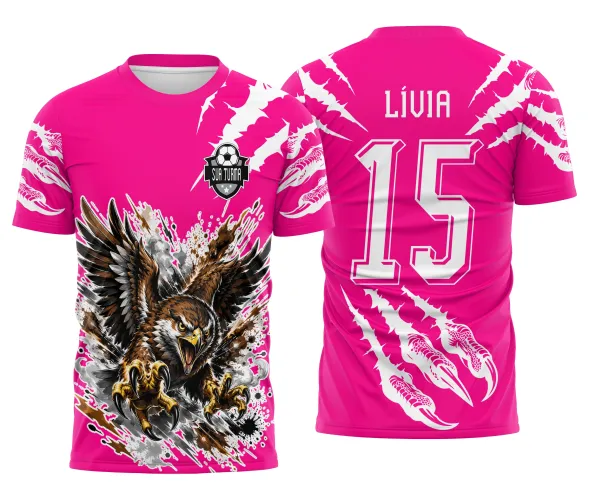 Desenho de gavião brabo para uniforme interclasse de escola mostrando modelo esportivo frente e verso da Doces Desenhos.