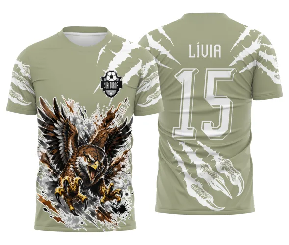 Desenho de gavião para estampar camiseta de torcida escolar com mascote brabo de asas abertas e estampa traseira.