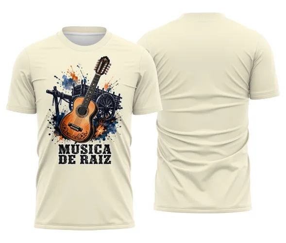 Desenho para uniforme de roda de viola caipira com detalhes de respingos de tinta azul e laranja.