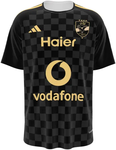 Camisa visitante do Al Ahly SC 2026 - 2027 preta com xadrez e detalhes dourados, frente e costas