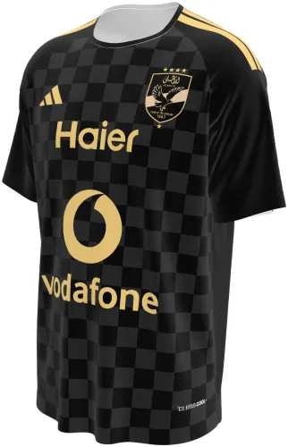 Camisa visitante do Al Ahly SC 2026 - 2027 preta com xadrez e detalhes dourados, frente e costas
