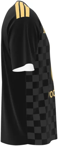Camisa visitante do Al Ahly SC 2026 - 2027 preta com xadrez e detalhes dourados, frente e costas
