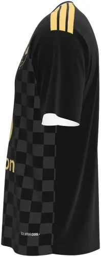 Camisa visitante do Al Ahly SC 2026 - 2027 preta com xadrez e detalhes dourados, frente e costas