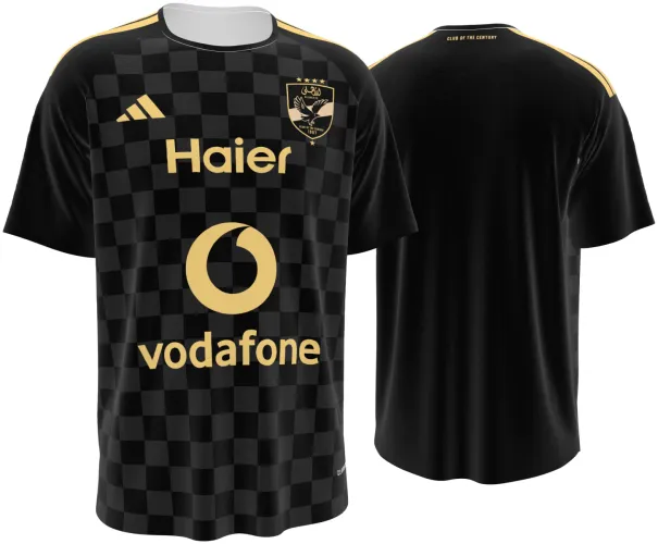 Camisa visitante do Al Ahly SC 2026 - 2027 preta com xadrez e detalhes dourados, frente e costas