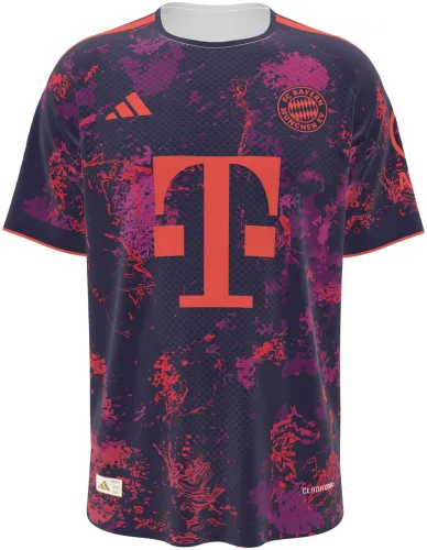 Camisa terceiro uniforme do Bayern de Munique 2026 - 2027 roxa com respingos rosa, frente e costas