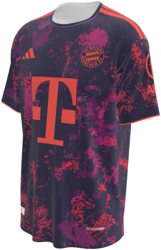 Camisa terceiro uniforme do Bayern de Munique 2026 - 2027 roxa com respingos rosa, frente e costas