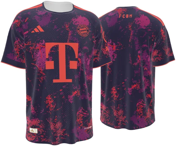 Camisa terceiro uniforme do Bayern de Munique 2026 - 2027 roxa com respingos rosa, frente e costas