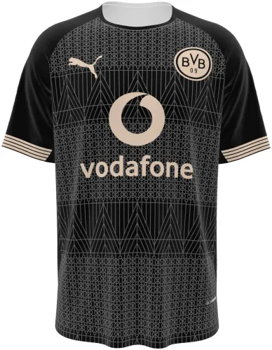 Camisa de centenário do Borussia Dortmund 2025 - 2026 preta com linhas douradas, frente e costas