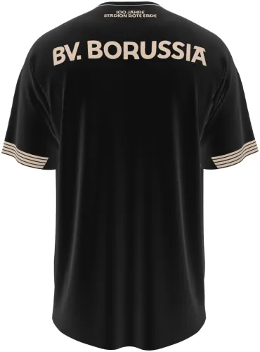 Camisa de centenário do Borussia Dortmund 2025 - 2026 preta com linhas douradas, frente e costas