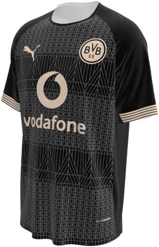 Camisa de centenário do Borussia Dortmund 2025 - 2026 preta com linhas douradas, frente e costas