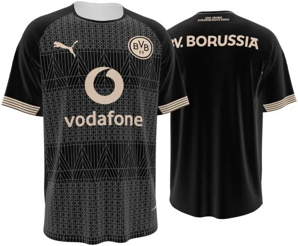 Camisa de centenário do Borussia Dortmund 2025 - 2026 preta com linhas douradas, frente e costas