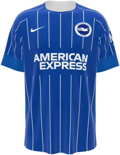 Camisa titular do Brighton 2026 - 2027 azul com listras pontilhadas brancas, frente e costas