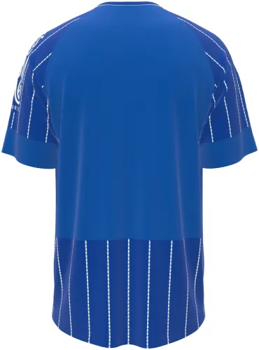 Camisa titular do Brighton 2026 - 2027 azul com listras pontilhadas brancas, frente e costas