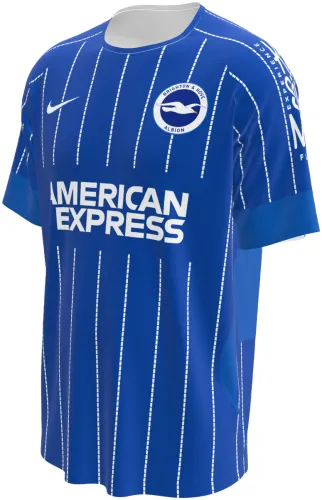 Camisa titular do Brighton 2026 - 2027 azul com listras pontilhadas brancas, frente e costas