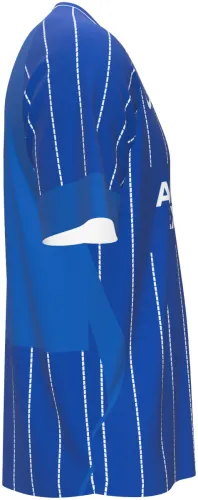 Camisa titular do Brighton 2026 - 2027 azul com listras pontilhadas brancas, frente e costas