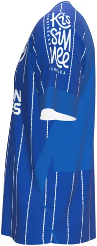 Camisa titular do Brighton 2026 - 2027 azul com listras pontilhadas brancas, frente e costas