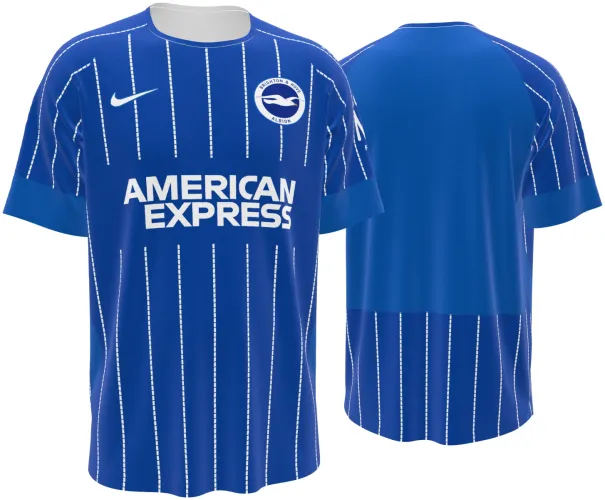 Camisa titular do Brighton 2026 - 2027 azul com listras pontilhadas brancas, frente e costas