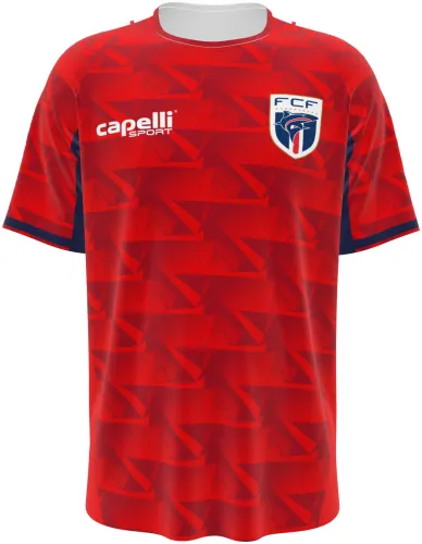 Camisa terceiro uniforme de Cabo Verde 2026 vermelha com setas tom sobre tom, frente e costas