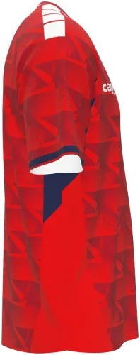 Camisa terceiro uniforme de Cabo Verde 2026 vermelha com setas tom sobre tom, frente e costas