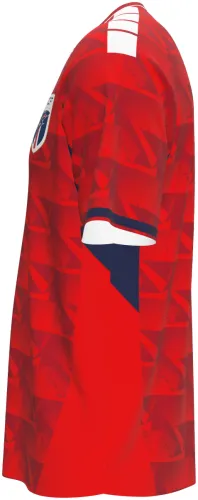 Camisa terceiro uniforme de Cabo Verde 2026 vermelha com setas tom sobre tom, frente e costas