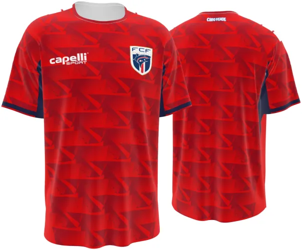 Camisa terceiro uniforme de Cabo Verde 2026 vermelha com setas tom sobre tom, frente e costas