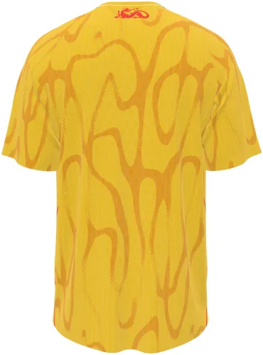 Camisa visitante da China 2026 amarela com dragões desenhados tom sobre tom, frente e costas