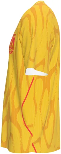 Camisa visitante da China 2026 amarela com dragões desenhados tom sobre tom, frente e costas