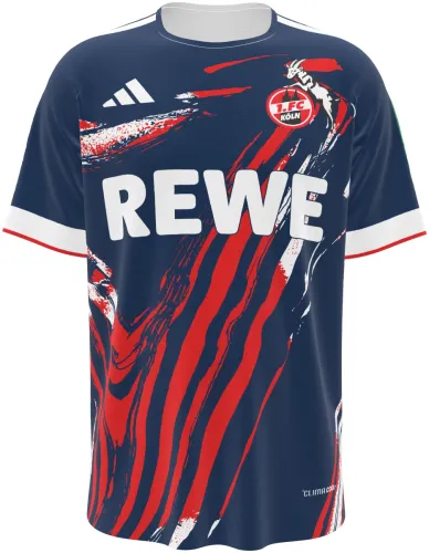 Camisa terceiro uniforme do Colônia 2026 - 2027 azul com pinceladas vermelhas, frente e costas