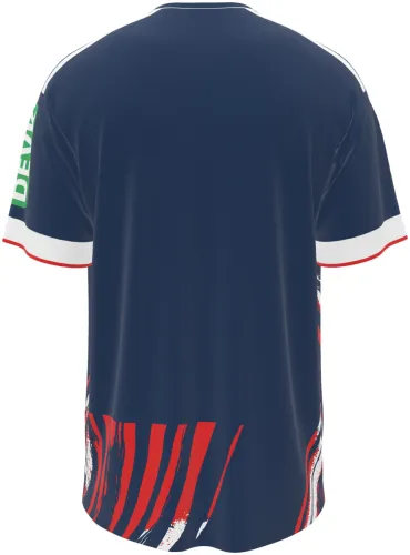 Camisa terceiro uniforme do Colônia 2026 - 2027 azul com pinceladas vermelhas, frente e costas