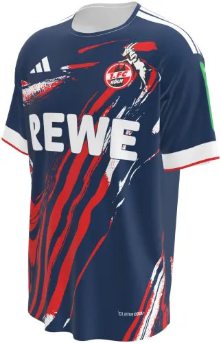 Camisa terceiro uniforme do Colônia 2026 - 2027 azul com pinceladas vermelhas, frente e costas
