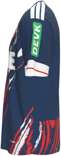 Camisa terceiro uniforme do Colônia 2026 - 2027 azul com pinceladas vermelhas, frente e costas