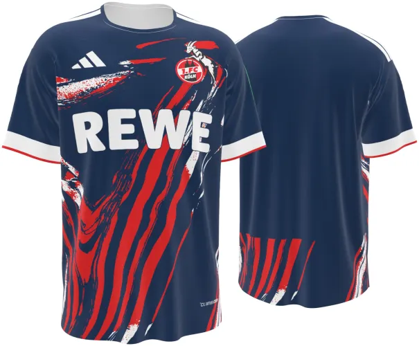 Camisa terceiro uniforme do Colônia 2026 - 2027 azul com pinceladas vermelhas, frente e costas