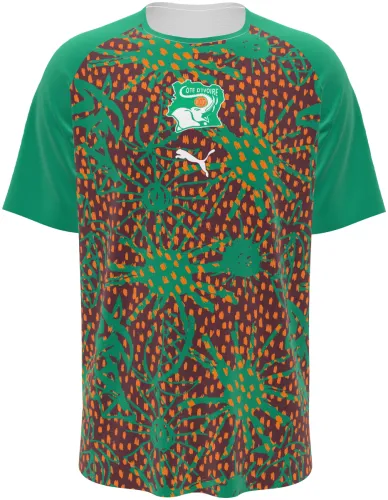 Camisa de pré-jogo da Costa do Marfim 2026 com padrão de tecido africano, frente e costas