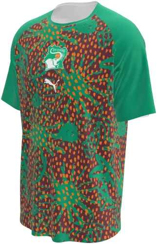 Camisa de pré-jogo da Costa do Marfim 2026 com padrão de tecido africano, frente e costas