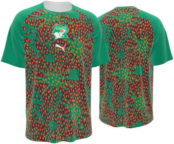 Camisa de pré-jogo da Costa do Marfim 2026 com padrão de tecido africano, frente e costas
