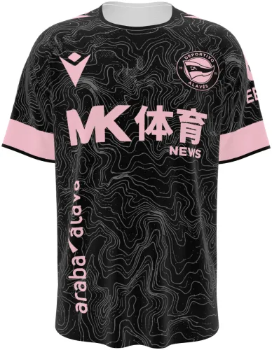 Camisa visitante do Deportivo Alavés 2026 - 2027 preta com curvas de nível e detalhes rosa, frente e costas