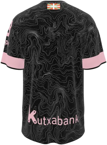 Camisa visitante do Deportivo Alavés 2026 - 2027 preta com curvas de nível e detalhes rosa, frente e costas