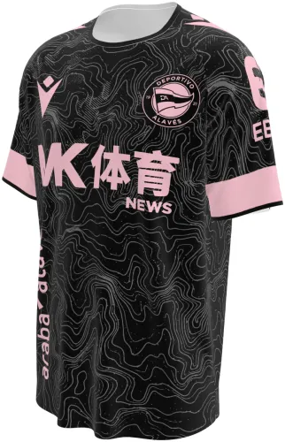 Camisa visitante do Deportivo Alavés 2026 - 2027 preta com curvas de nível e detalhes rosa, frente e costas