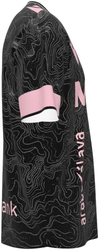 Camisa visitante do Deportivo Alavés 2026 - 2027 preta com curvas de nível e detalhes rosa, frente e costas