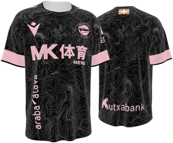 Camisa visitante do Deportivo Alavés 2026 - 2027 preta com curvas de nível e detalhes rosa, frente e costas