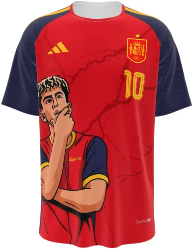 Camisa conceito Espanha Yamal 2026 vermelha com ilustração do jogador, frente e costas